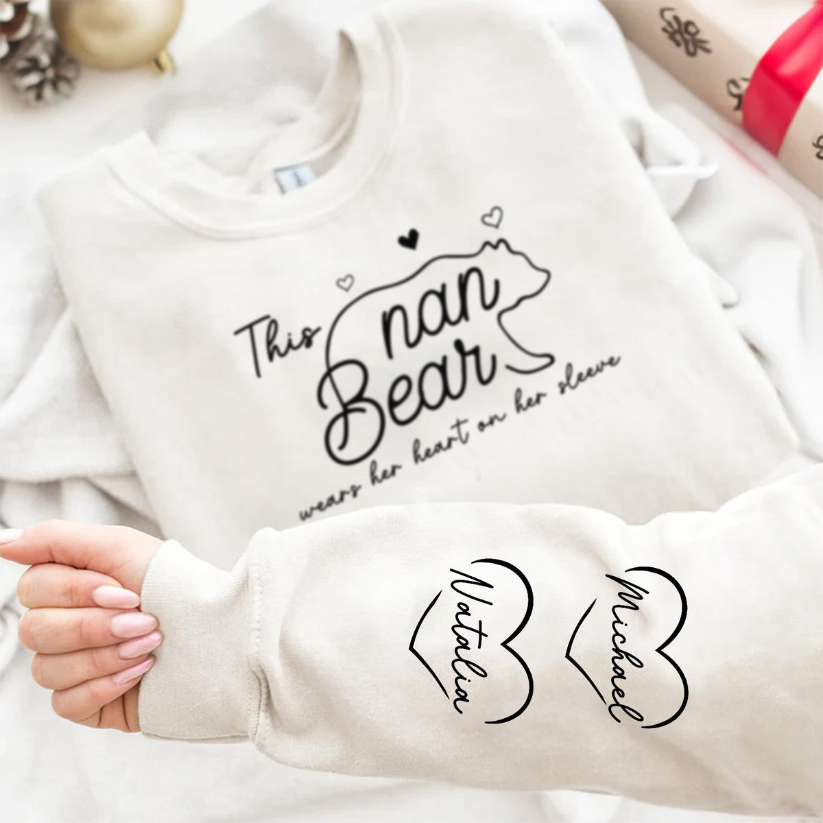 This Mama Bear Wears Her Heart On Her Sleeve - Gift For Mom - Personalized Sweatshirt With Sleeve Imprint
