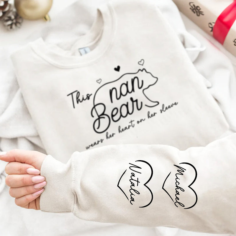 This Mama Bear Wears Her Heart On Her Sleeve - Gift For Mom - Personalized Sweatshirt With Sleeve Imprint