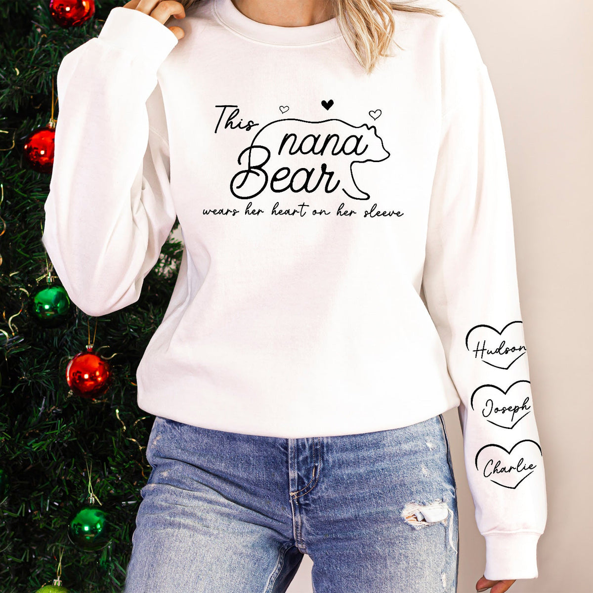 This Mama Bear Wears Her Heart On Her Sleeve - Gift For Mom - Personalized Sweatshirt With Sleeve Imprint