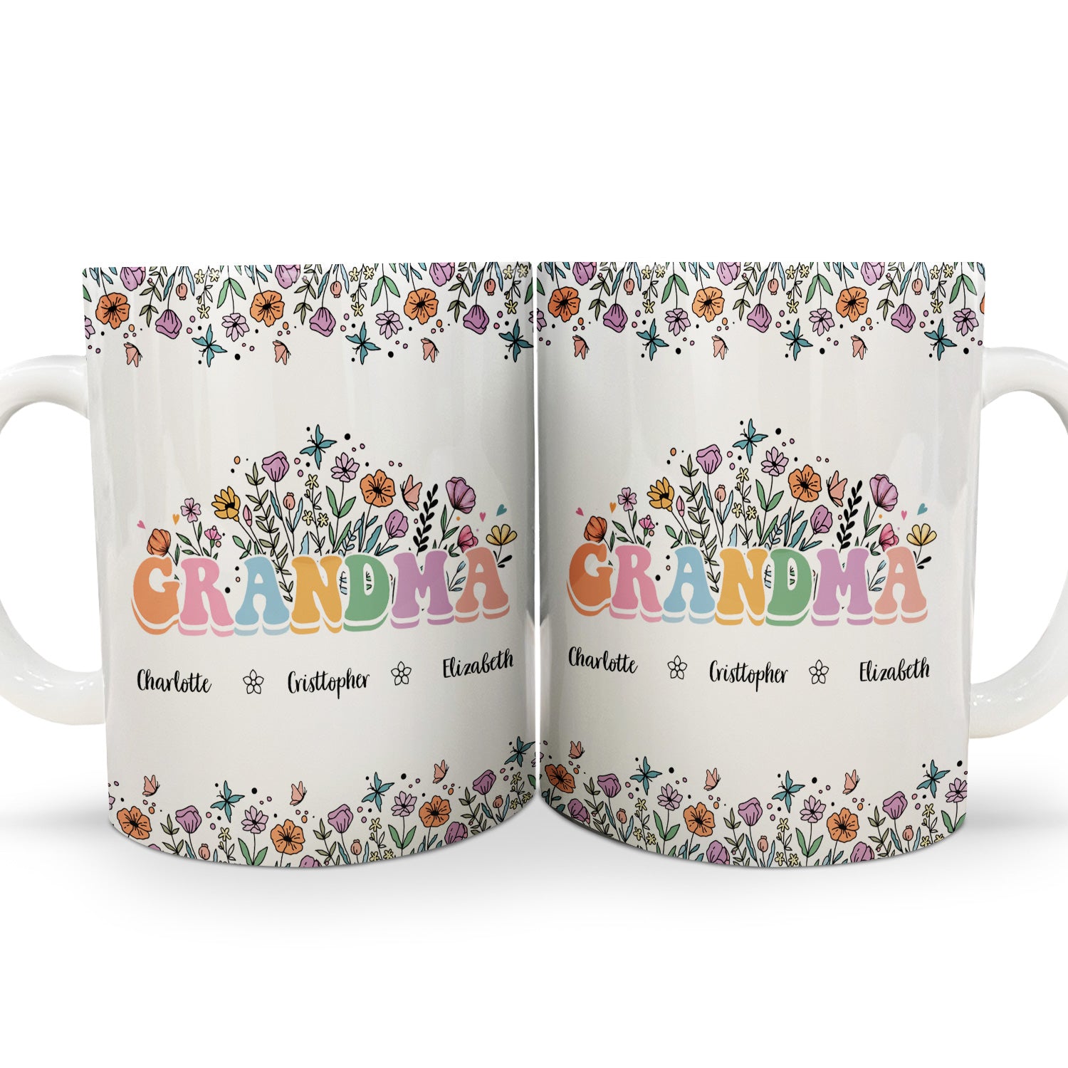 Mom Grandma Floral - Gift For Mother, Grandmother - Personalized White Edge-to-Edge Mug