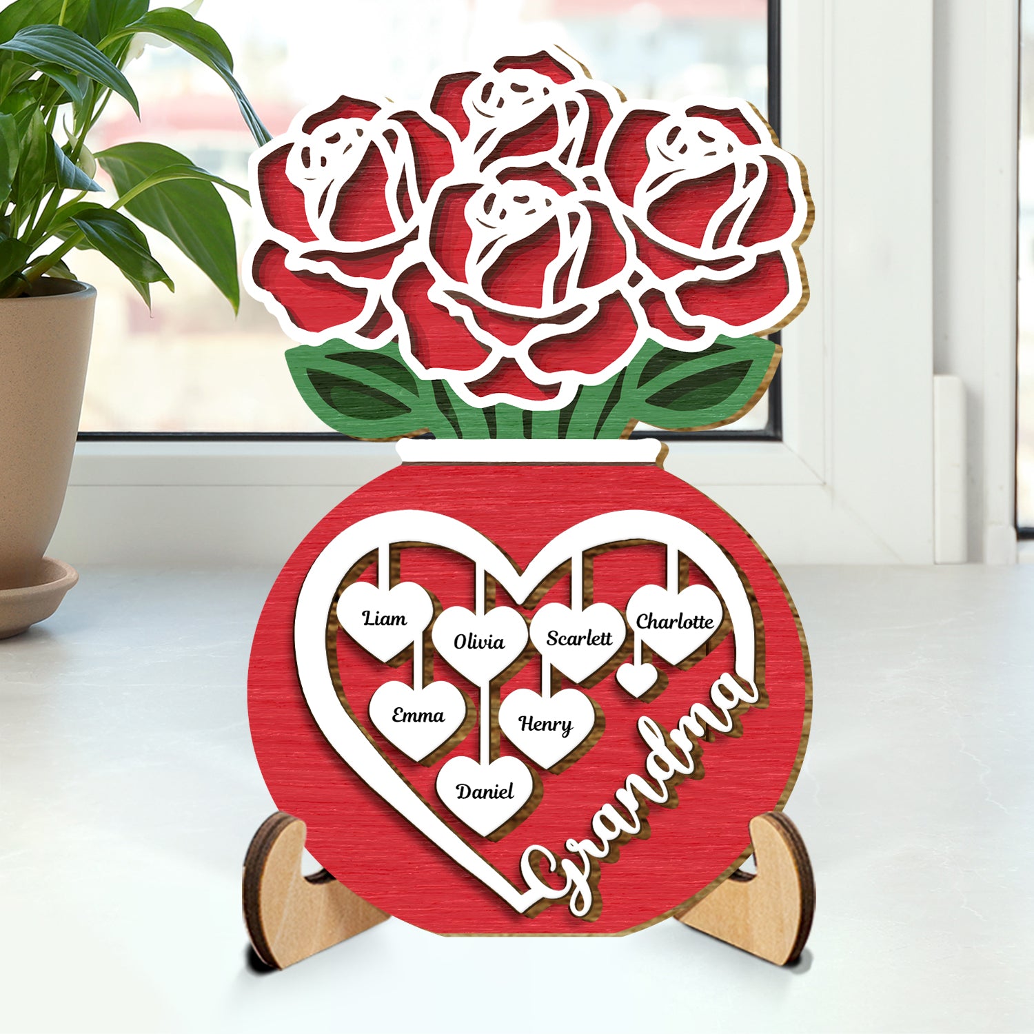 Grandma Mom Roses - Gift For Mother, Grandmother - Personalized 2-Layered Wooden Plaque With Stand