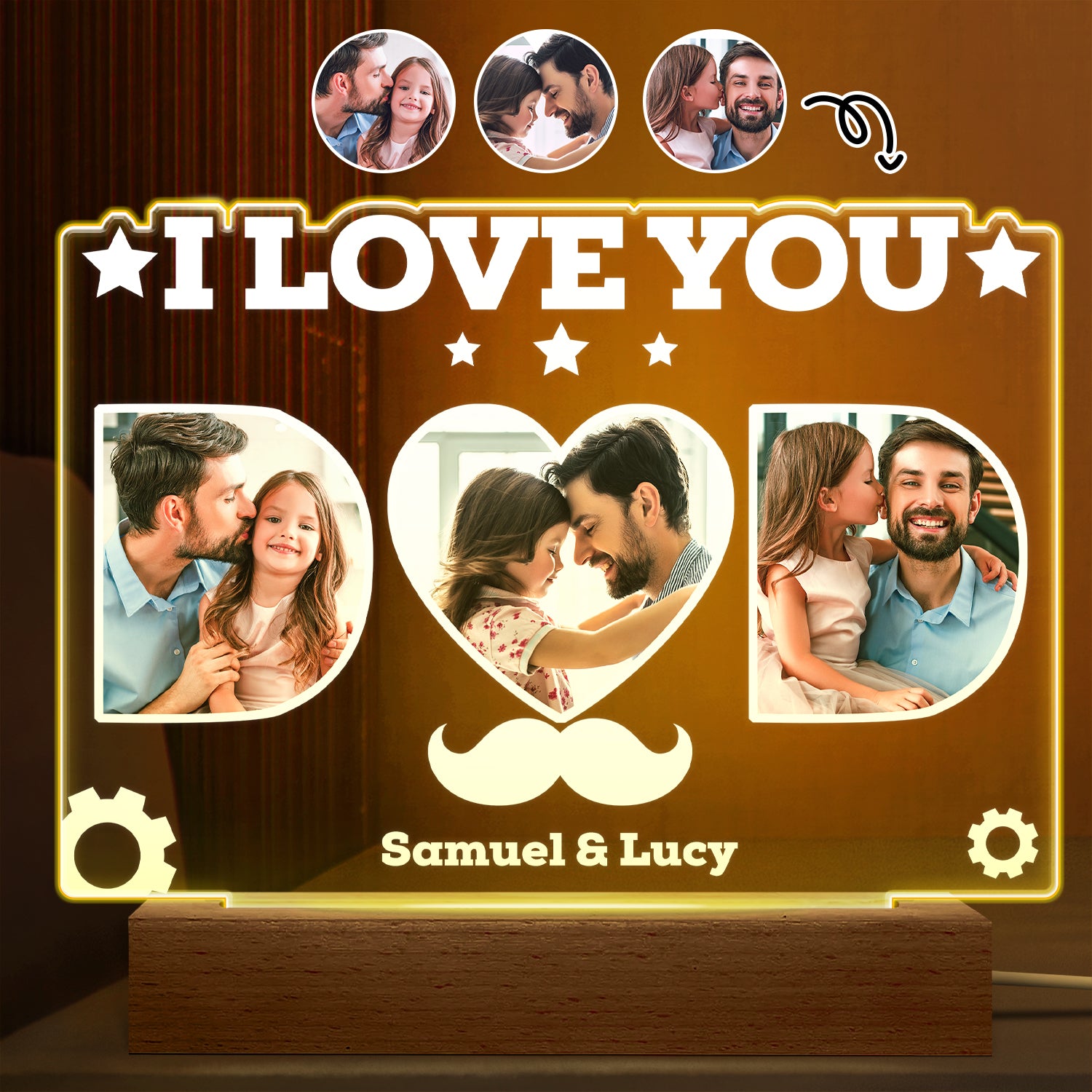 Custom Photo Dad We Love You - Gift For Father, Papa - Personalized 3D Led Light Wooden Base