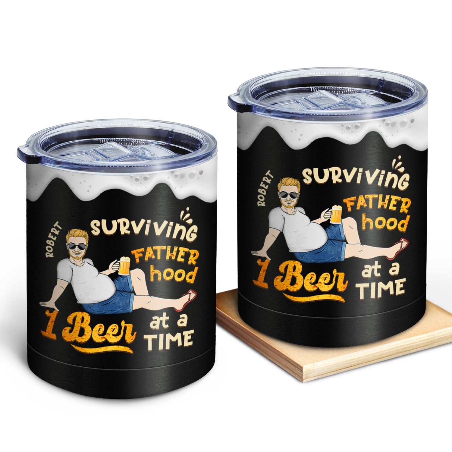 Surviving Fatherhood One Beer At A Time - Gift For Father, Dad, Grandpa - Personalized Lowball Tumbler