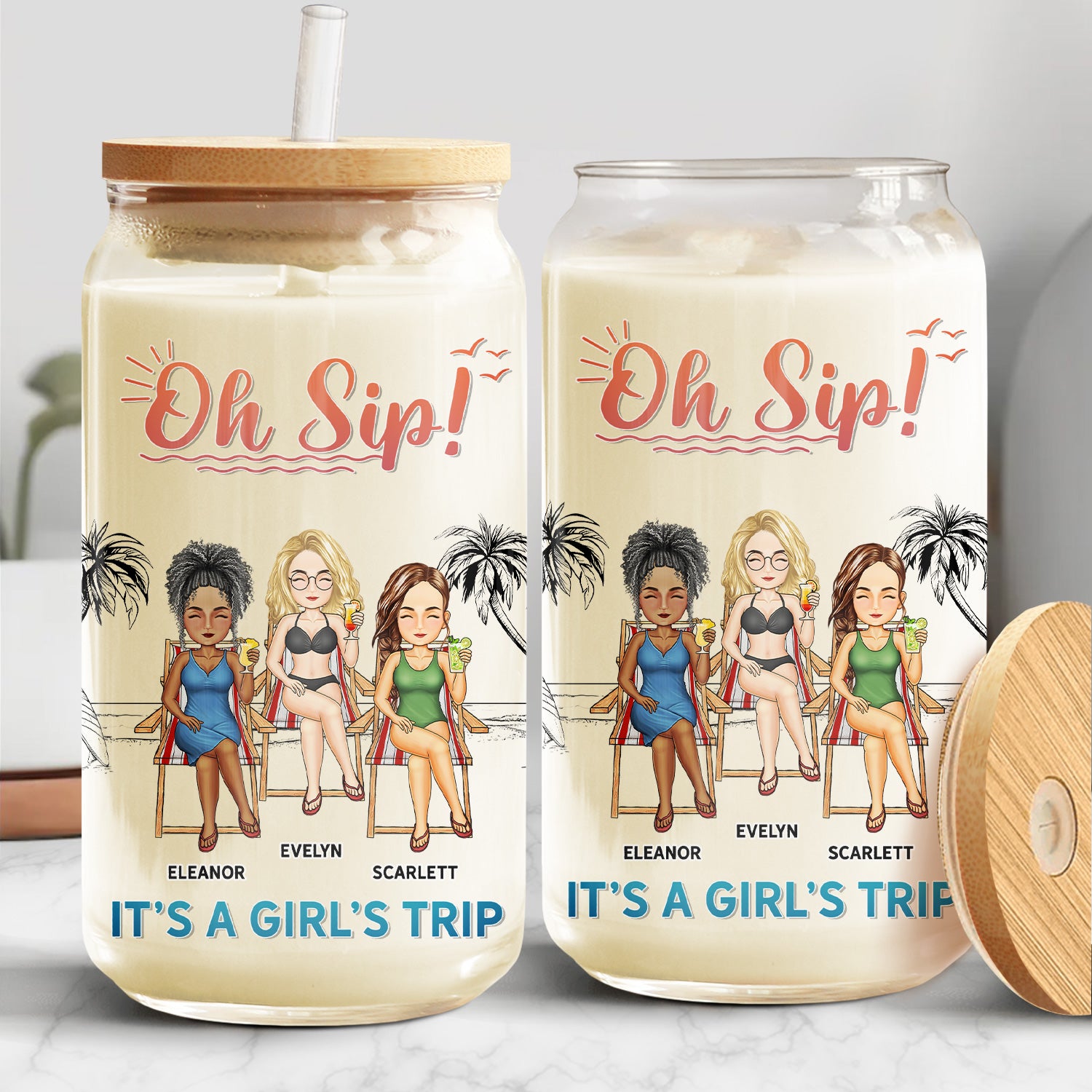 Oh Sip It's A Girl's Trip - Gift For Bestie - Personalized Clear Glass Can