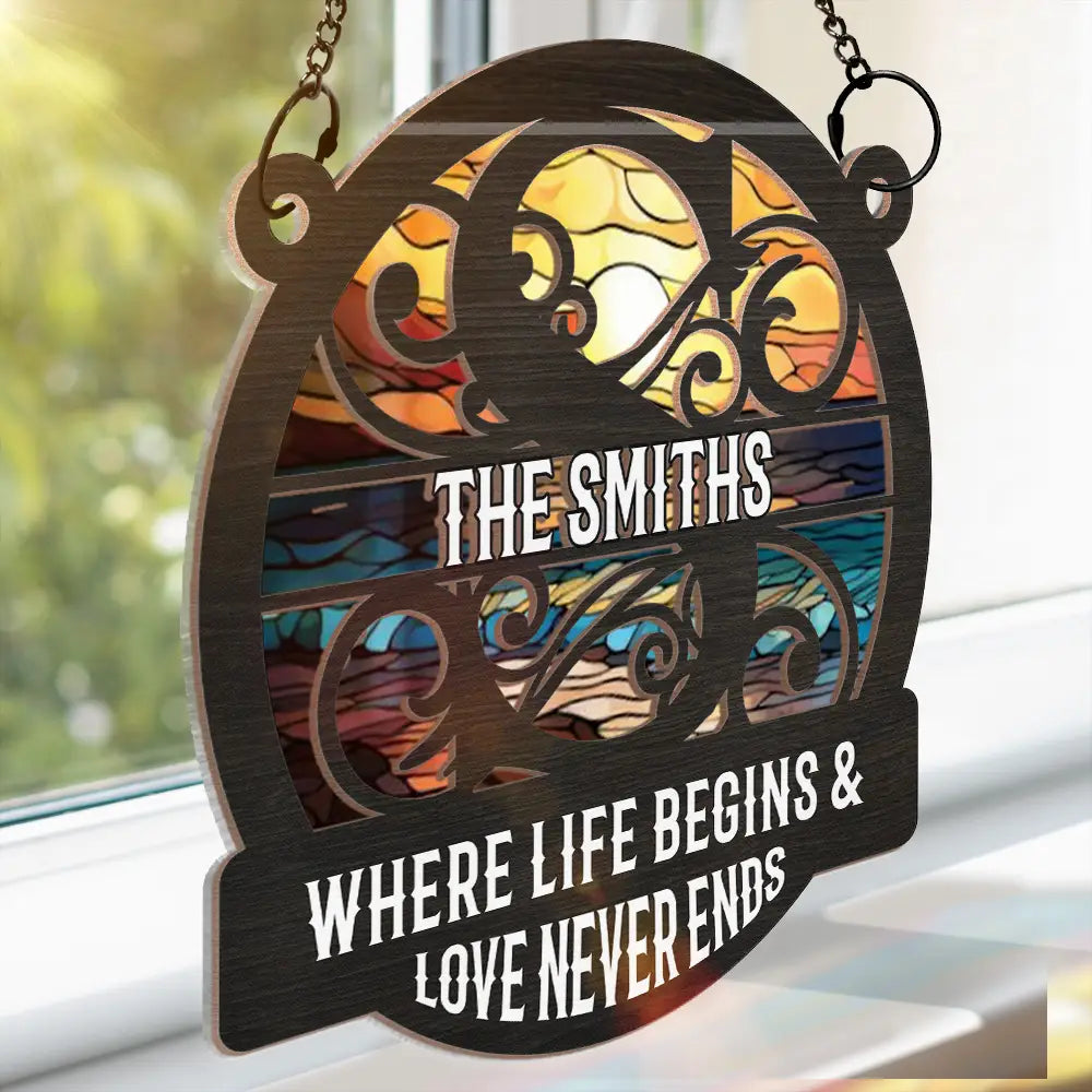 Monogram Love Never Ends - Personalized Window Hanging Suncatcher Ornament