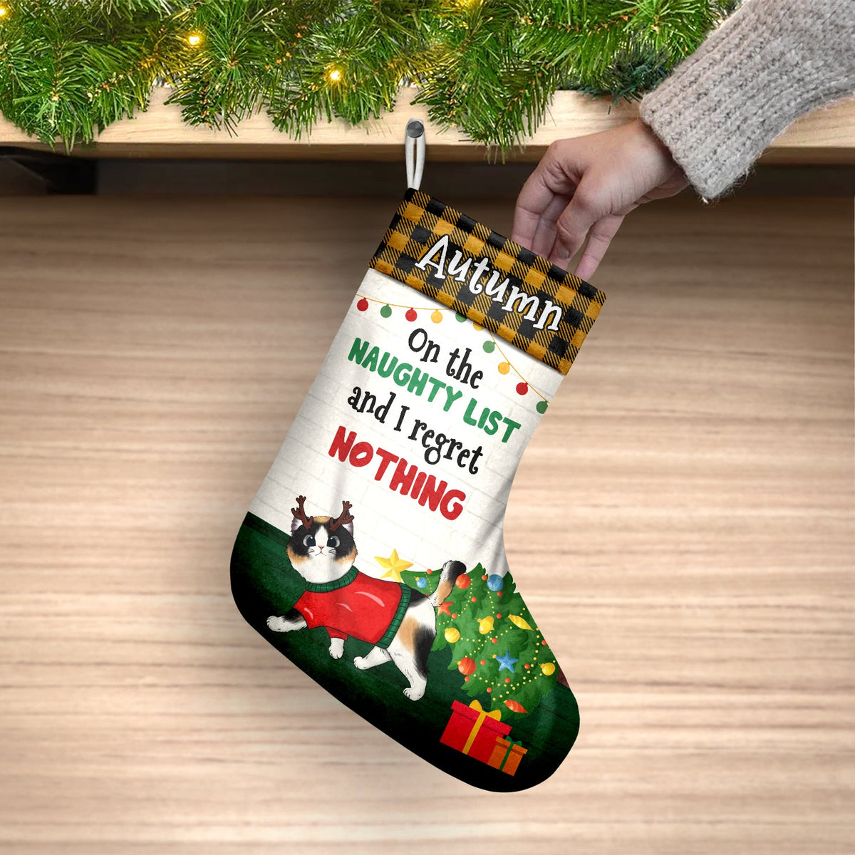 Chat sur la liste des vilains et je ne regrette rien - Cadeau de Noël pour les amoureux des chats - Chaussette de Noël personnalisée