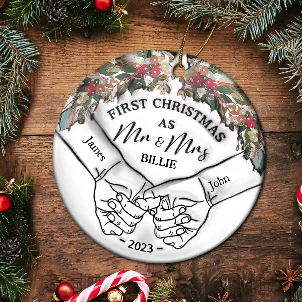 Holding Hands First Christmas Couple - 3D Inflated Effect Printed Ornament, Personalized Circle Ceramic Ornament