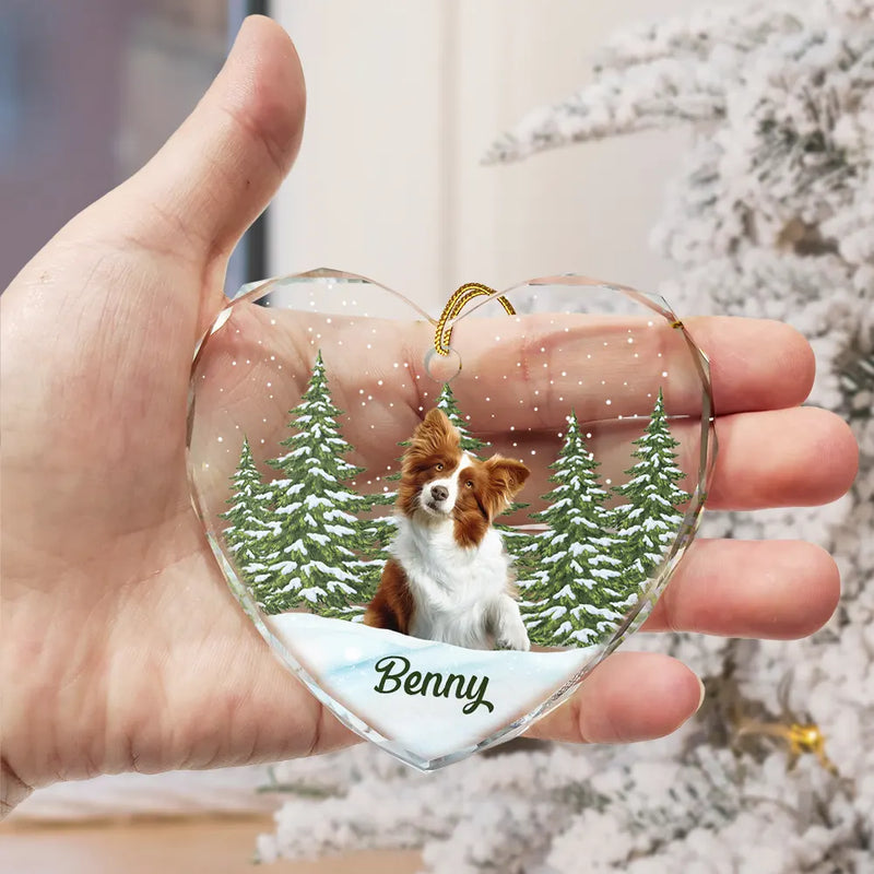 Pet, Cat, Dog - Custom Photo Pet Face Dog Cat Memorial - Personalized Heart Shaped Glass Ornament