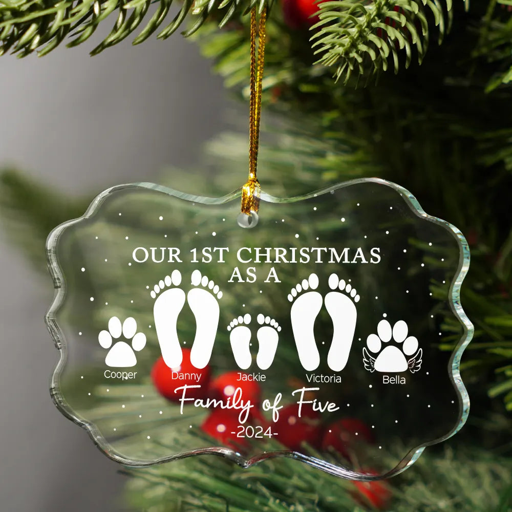 Family - First Christmas As A Family Of Four Footprints - Personalized Medallion Glass Ornament