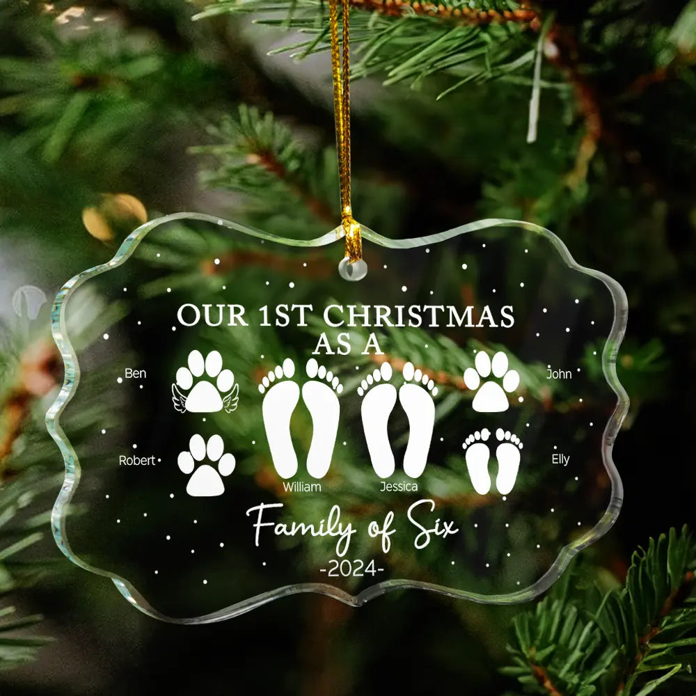 Family - First Christmas As A Family Of Four Footprints - Personalized Medallion Glass Ornament