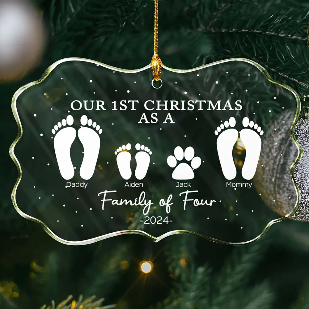 Family - First Christmas As A Family Of Four Footprints - Personalized Medallion Glass Ornament