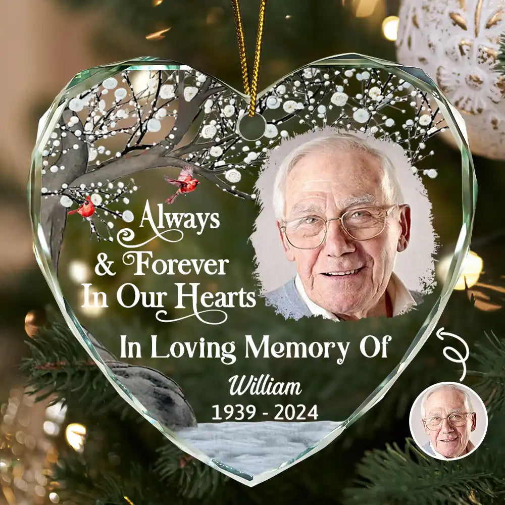 Custom Photo Always And Forever In Our Hearts Memorial - Personalized Heart Shaped Glass Ornament