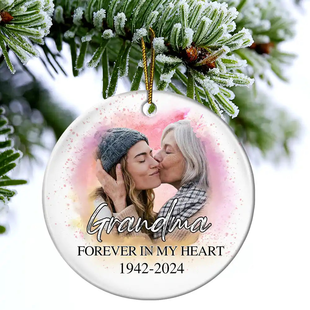 Gift For Grandparents - Custom Photo Memorial Grandma And Granddaughter - Personalized Circle Ceramic Ornament