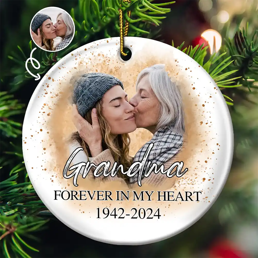 Gift For Grandparents - Custom Photo Memorial Grandma And Granddaughter - Personalized Circle Ceramic Ornament