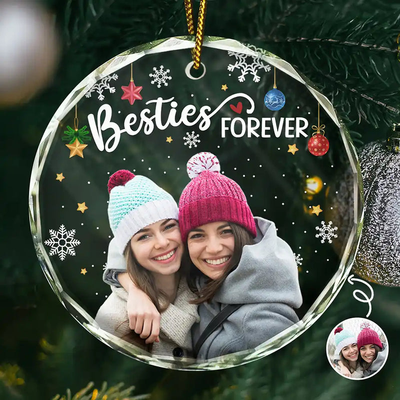 Gift For Bestie, Gifts For Colleagues - Custom Photo Besties Forever Christmas - Personalized Circle Glass Ornament