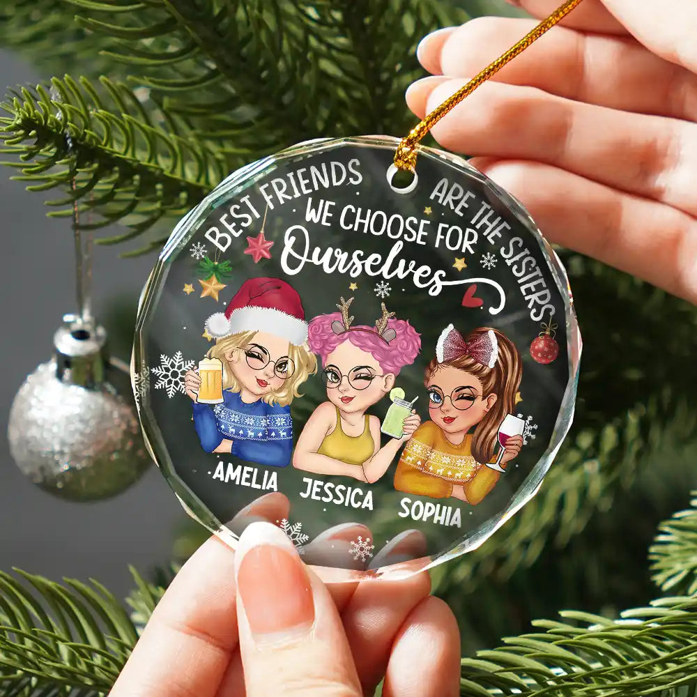 Gift For Bestie, Gifts For Colleagues Sisters By Heart Christmas Besties - Personalized Circle Glass Ornament