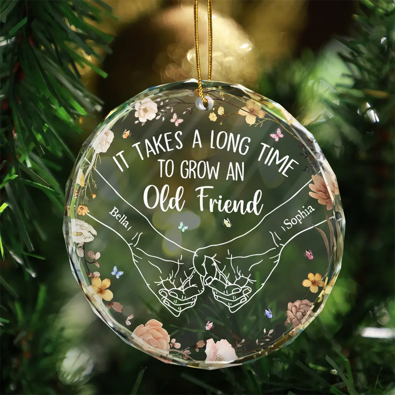 Gift For Bestie, Gift For Sisters - Holding Hands It Takes A Long Time To Grow An Old Friend - Personalized Circle Glass Ornament