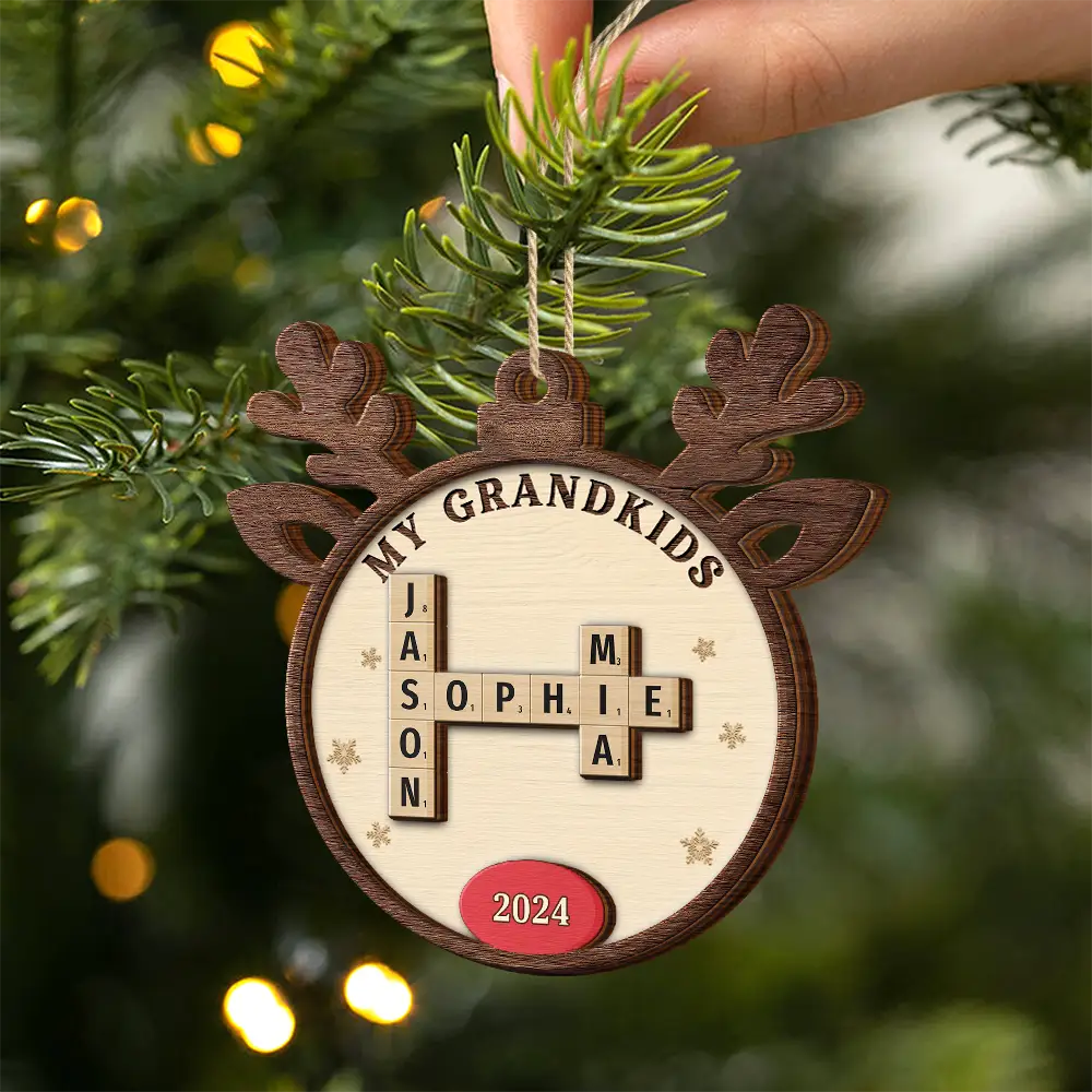 Gift For Grandma,Gift For Grandpa,Gift For Grandparents - Crossword Our Grandkids Reindeer - Personalized 2-Layered Wooden Ornament