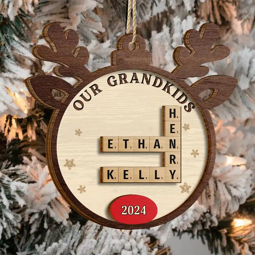 Gift For Grandma,Gift For Grandpa,Gift For Grandparents - Crossword Our Grandkids Reindeer - Personalized 2-Layered Wooden Ornament