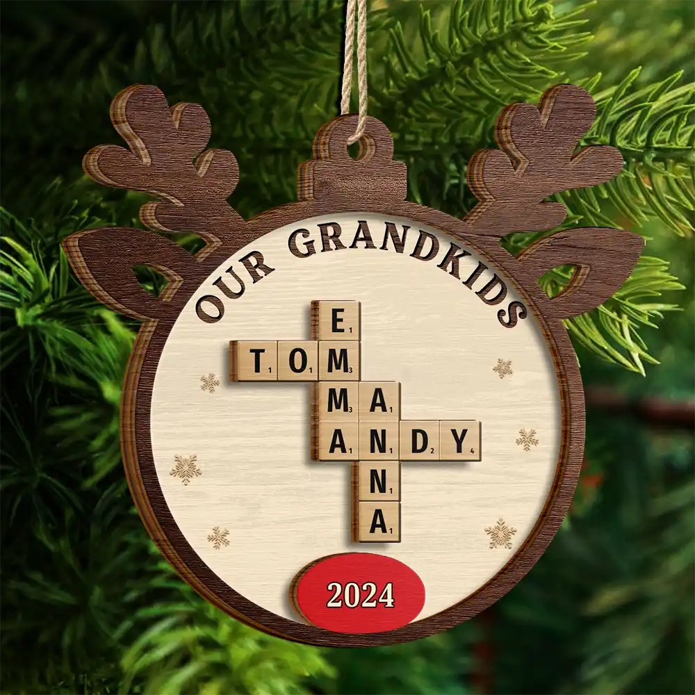 Gift For Grandma,Gift For Grandpa,Gift For Grandparents - Crossword Our Grandkids Reindeer - Personalized 2-Layered Wooden Ornament