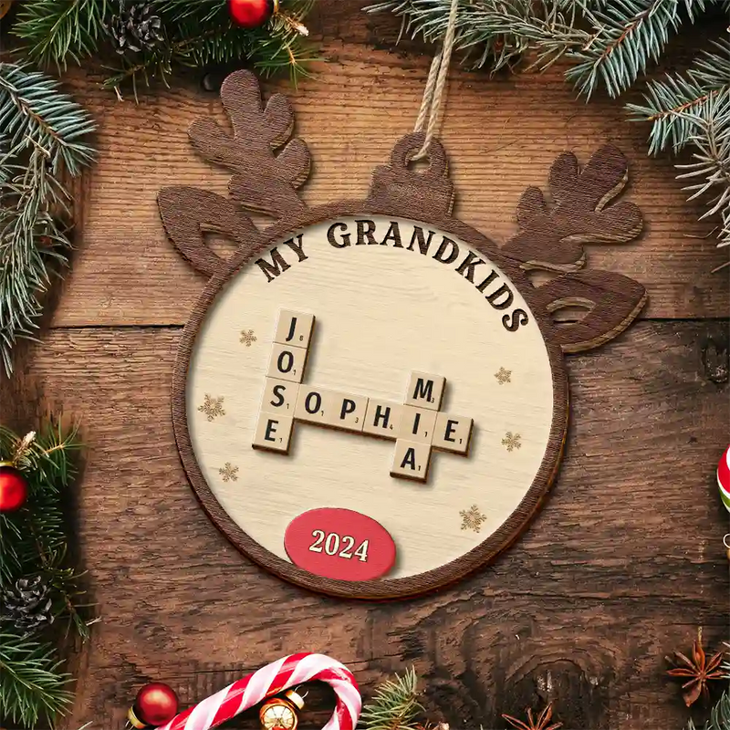 Gift For Grandma,Gift For Grandpa,Gift For Grandparents - Crossword Our Grandkids Reindeer - Personalized 2-Layered Wooden Ornament