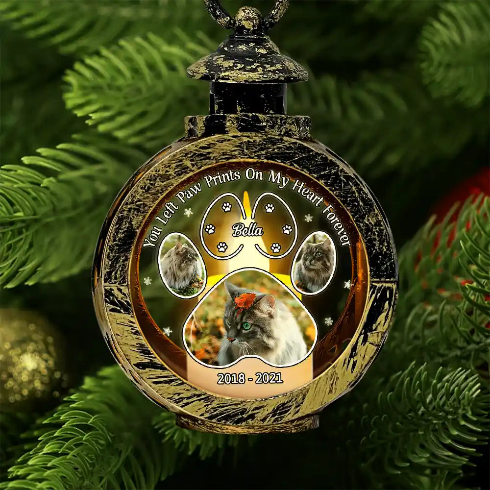 Memorial, Pet Lovers, Dog Lovers, Cat  - Custom Photo Pawprint Your Light Will Always Shine In Our Hearts - Personalized Candlelight Lantern Ornament
