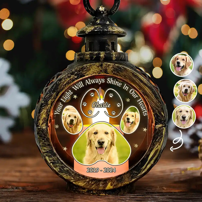 Memorial, Pet Lovers, Dog Lovers, Cat  - Custom Photo Pawprint Your Light Will Always Shine In Our Hearts - Personalized Candlelight Lantern Ornament
