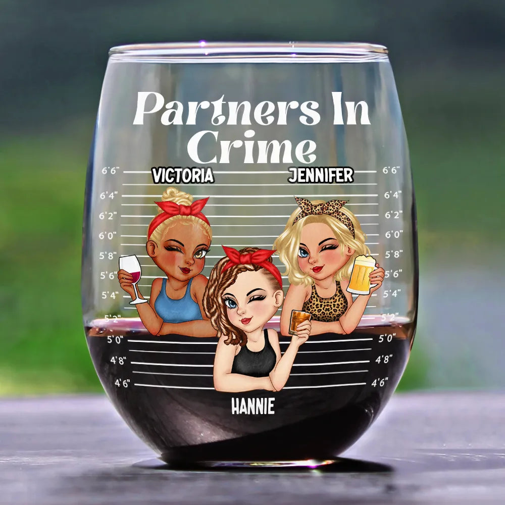 Gift For Bestie,Happy - Bestie Partners In Crime - Personalized Stemless Wine Glass