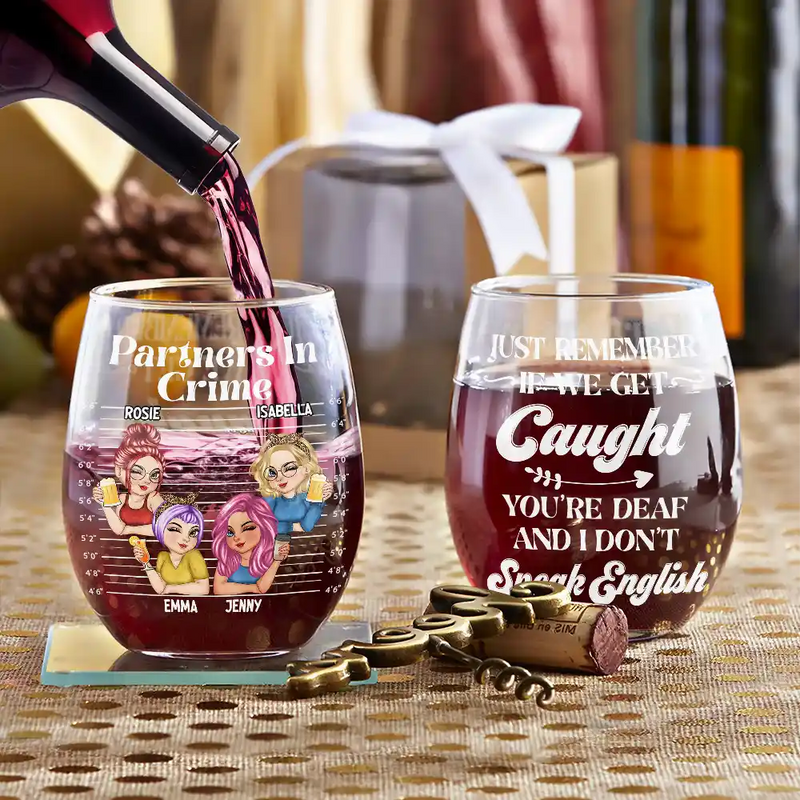 Gift For Bestie,Happy - Bestie Partners In Crime - Personalized Stemless Wine Glass