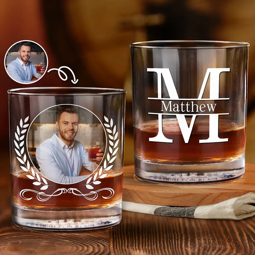 Gift For Yourself, Gift For Men - Custom Photo Vintage Monogram - Personalized Whiskey Glass
