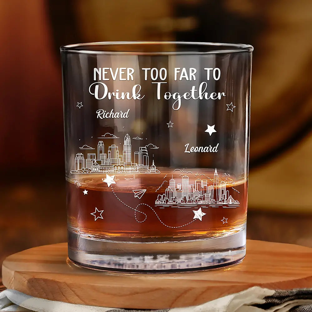 Family,Gift For Brothers,Gift For Bestie,Gift For Sisters,Happy,Gift For Sibling - Long Distance Never Too Far To Drink Together - Personalized Whiskey Glass
