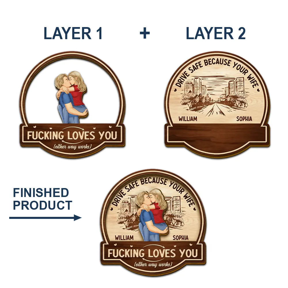 Couple qui s'embrasse, conduisez prudemment parce que votre femme vous aime - Clip de pare-soleil de voiture personnalisé