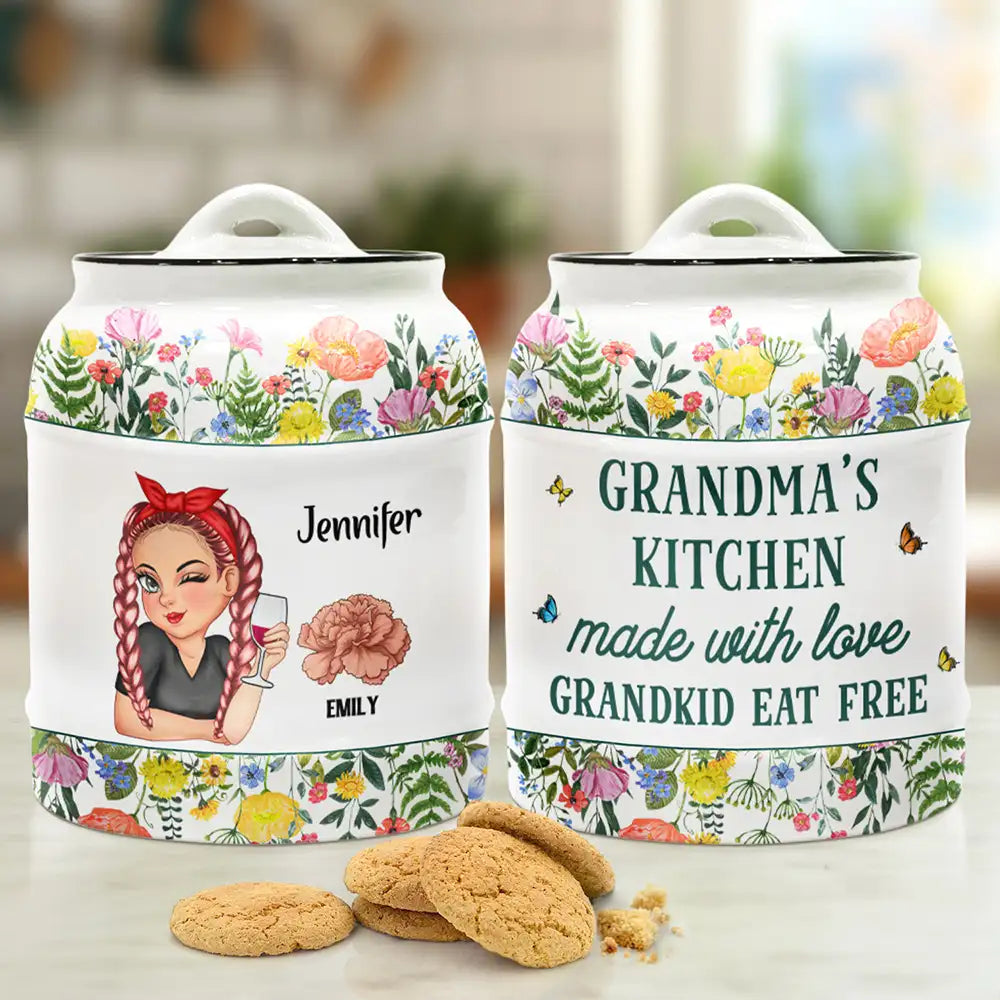 Gift For Mother,Gift For Grandma,Happy - Made With Love Grandkids Eat Free - Personalized Cookie Jar