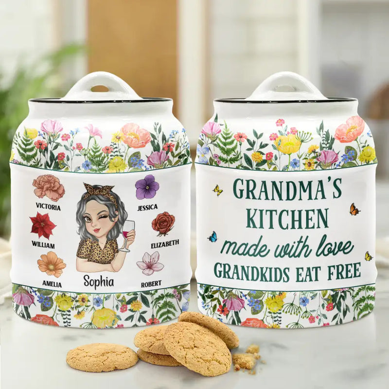 Gift For Mother,Gift For Grandma,Happy - Made With Love Grandkids Eat Free - Personalized Cookie Jar