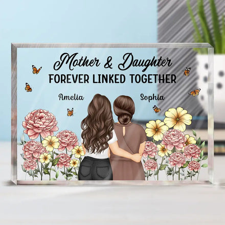 Birth Month Flower Mother And Daughter Forever Linked Together - Personalized Rectangle Shaped Acrylic Plaque