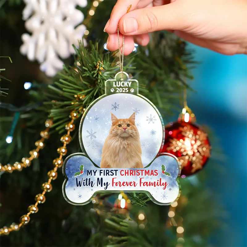 Dog Lovers,Dog Mom,Dog Dad,Christmas,Happy - Custom Photo First Christmas With My Forever Family - Personalized Custom Shaped Acrylic Ornament