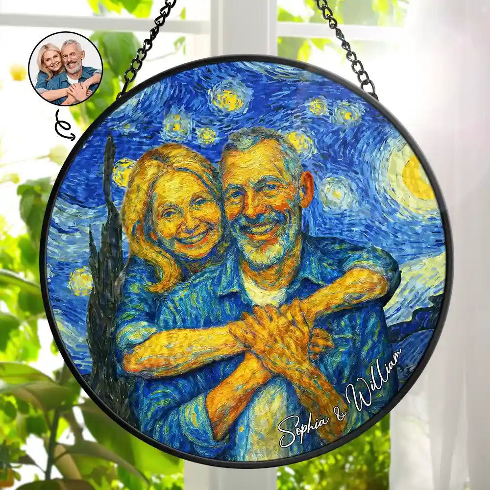 Custom Photo Couple Under The Starry Night - Personalized Stained Glass Window Hanging Suncatcher