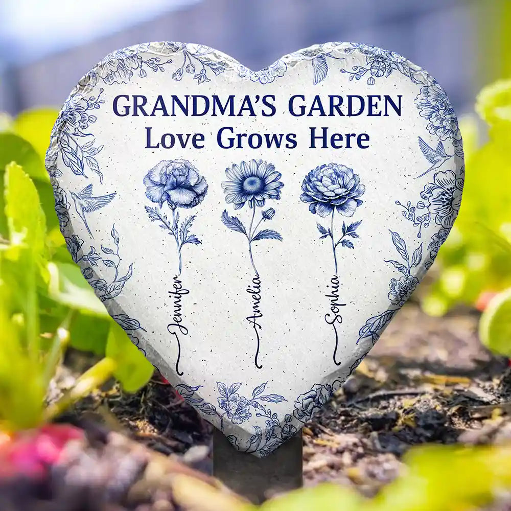 Gift For Grandma,Gift For Mother,Happy - Grandma's Garden Love Grows Here Toile Flower - Personalized Heart Slate Garden Stake