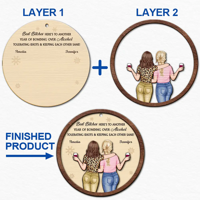 Gift For Bestie,Old Best friends,Gift For Sisters,Happy,Christmas - Best Friends Here's To Another Year Of Us - Personalized 2-Layered Wooden Ornament