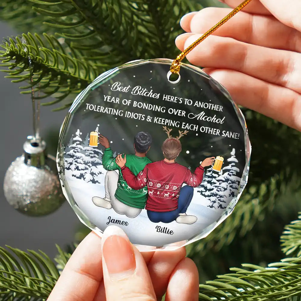 Gift For Bestie,Old Best friends,Gift For Sisters,Happy,Christmas - Sitting Besties Here's To Another Year Of Us - Personalized Circle Glass Ornament