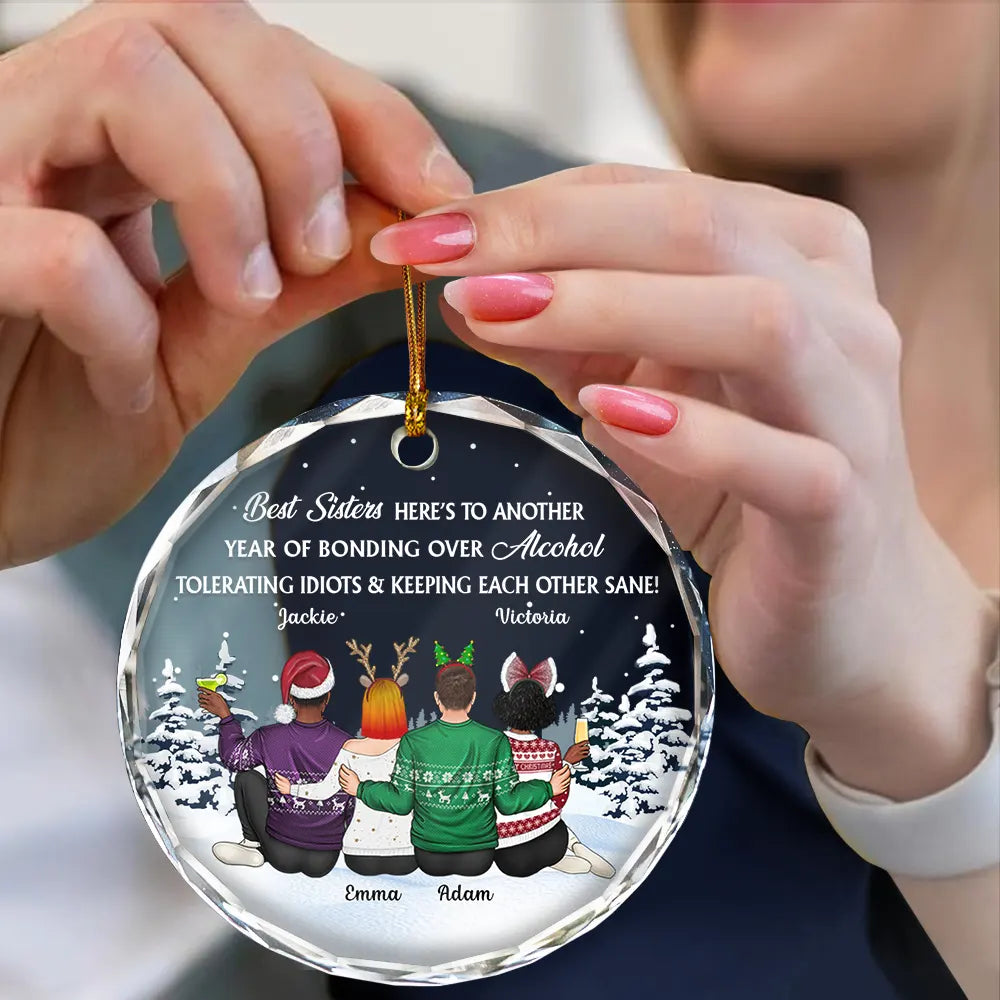 Gift For Bestie,Old Best friends,Gift For Sisters,Happy,Christmas - Sitting Besties Here's To Another Year Of Us - Personalized Circle Glass Ornament