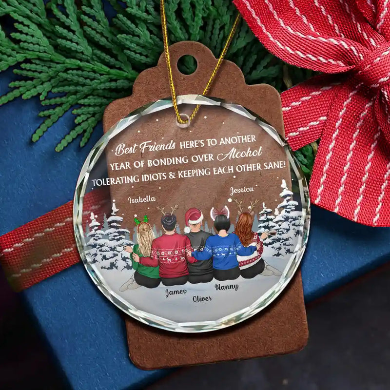 Gift For Bestie,Old Best friends,Gift For Sisters,Happy,Christmas - Sitting Besties Here's To Another Year Of Us - Personalized Circle Glass Ornament