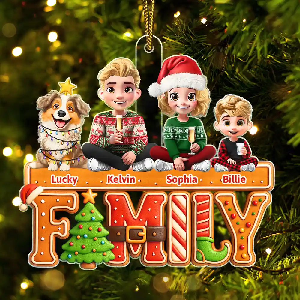 Family,Parents,Gift For Kids,Pet Lovers,Dog Lovers,Cat Lovers,Happy,Christmas - 3D Effect Christmas Family Cookie - Personalized Custom Shaped Acrylic Ornament