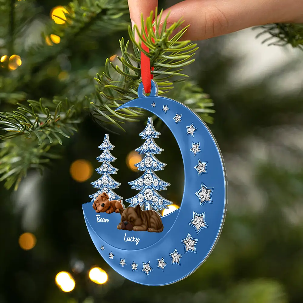 Dog Lovers,Dog Mom,Dog Dad,Pet Lovers,Pet Mom,Pet Dad,Happy,Christmas - 3D Effect Dog Lying On The Moon Printed Gemstones Art - Personalized Metal Ornament