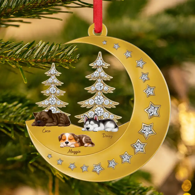 Dog Lovers,Dog Mom,Dog Dad,Pet Lovers,Pet Mom,Pet Dad,Happy,Christmas - 3D Effect Dog Lying On The Moon Printed Gemstones Art - Personalized Metal Ornament