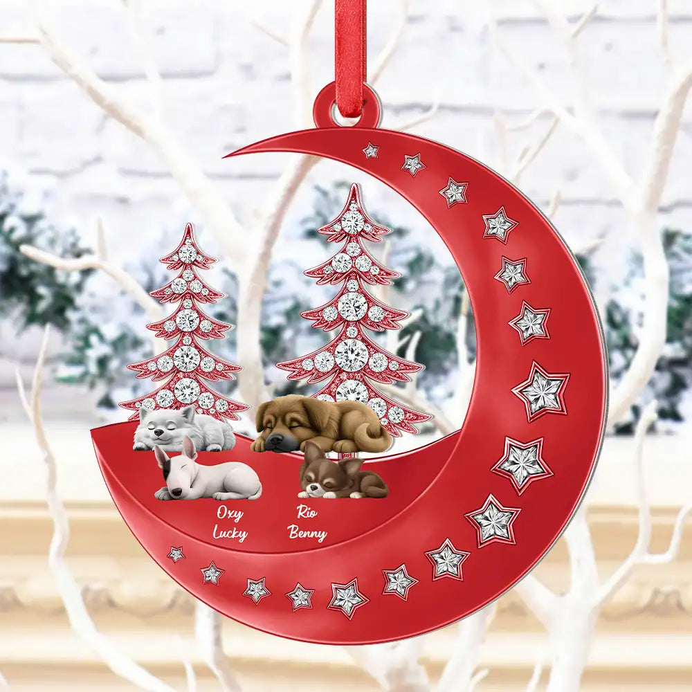 Dog Lovers,Dog Mom,Dog Dad,Pet Lovers,Pet Mom,Pet Dad,Happy,Christmas - 3D Effect Dog Lying On The Moon Printed Gemstones Art - Personalized Metal Ornament