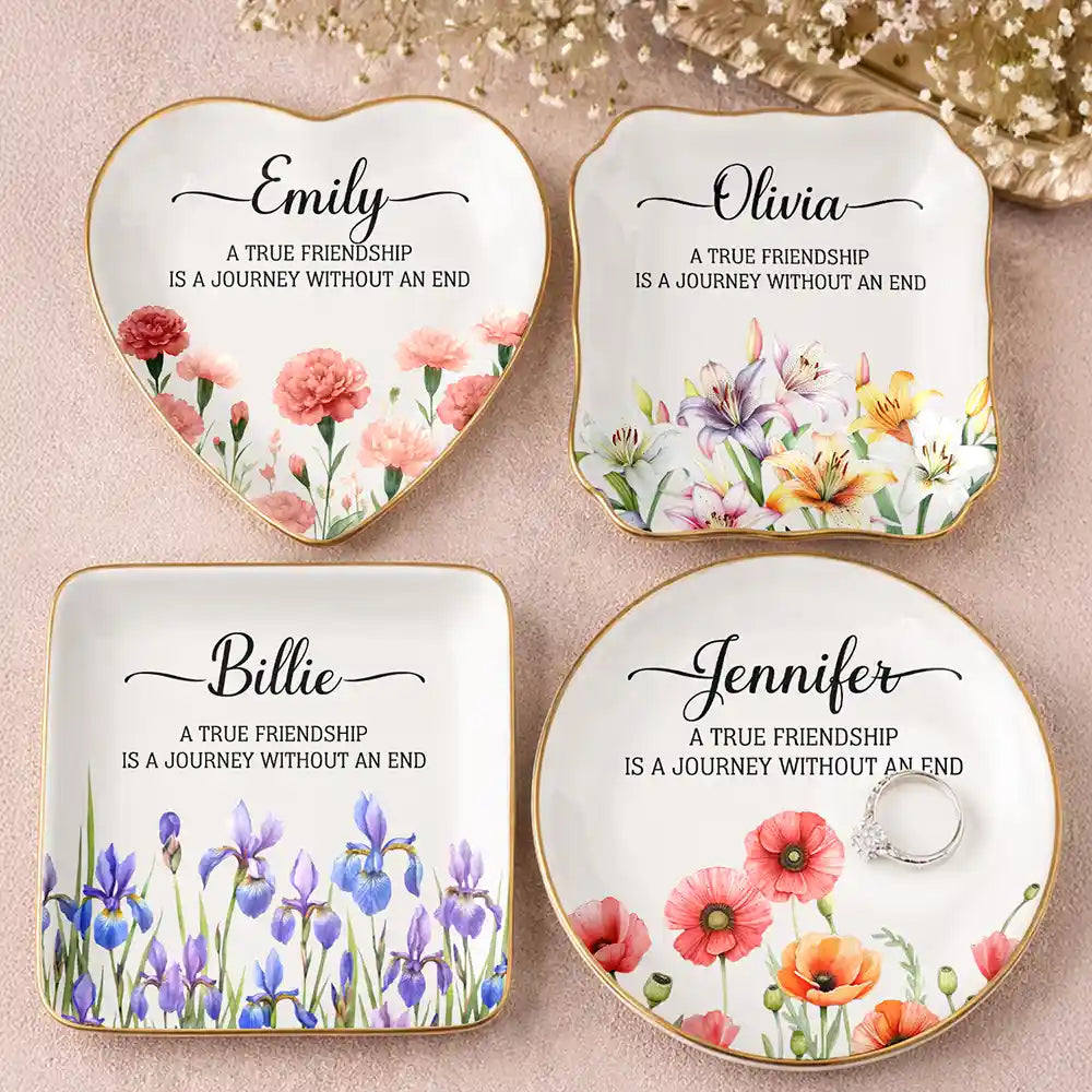 Gift For Bestie,Gift For Sisters,Happy - A True Friendship Is A Journey Without An End Birth Flower Watercolor - Personalized Ring Dish