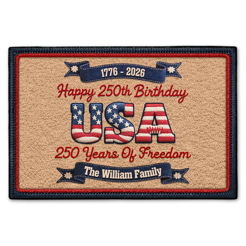 Family,Happy,Parents,Gift For Grandparents - Faux Embroidery Effect Stars And Stripes Happy USA 250Th Birthday - Personalized Doormat