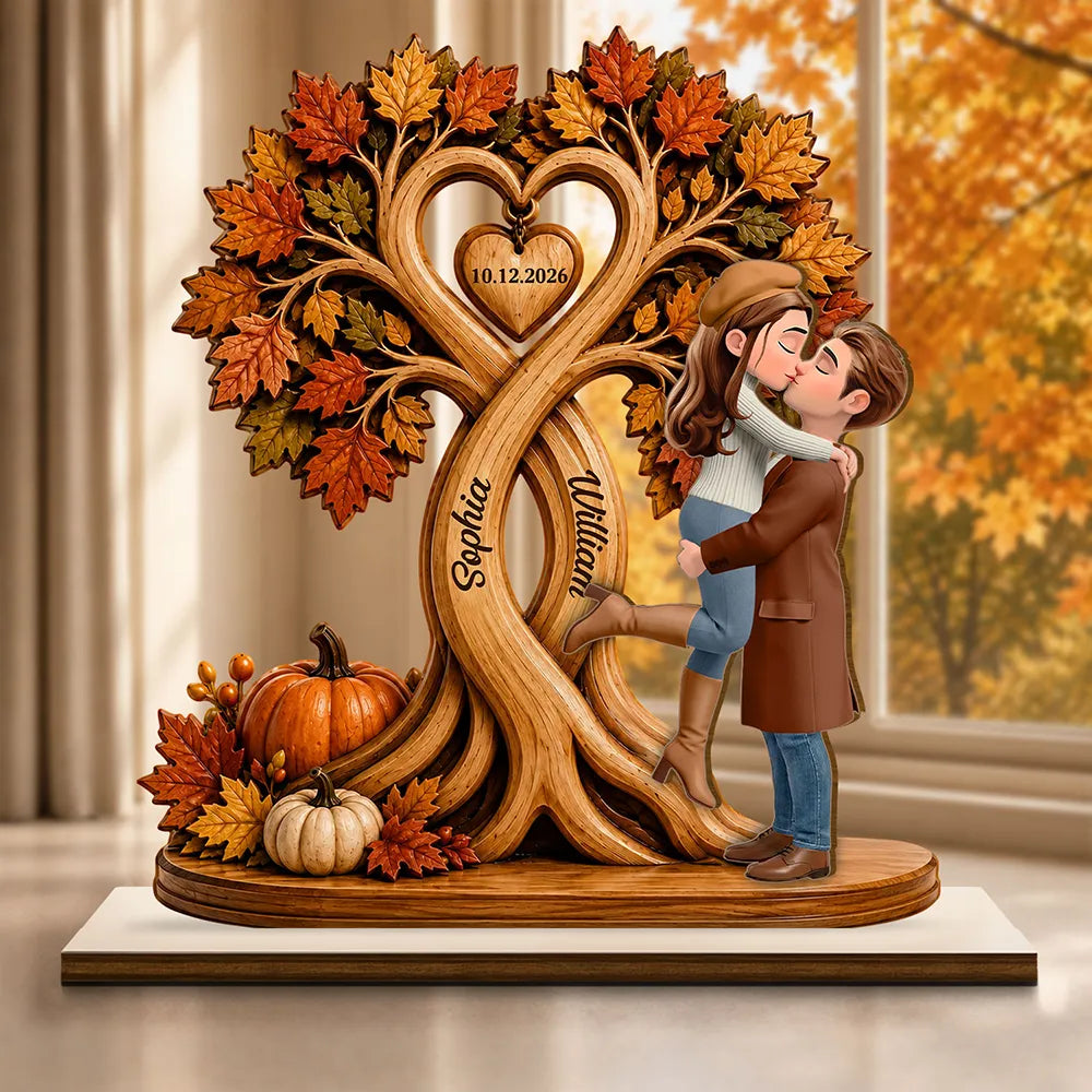 Autumn Flannel Standing Couple Under Heart Tree - Personalized Custom Shaped Wooden Plaque