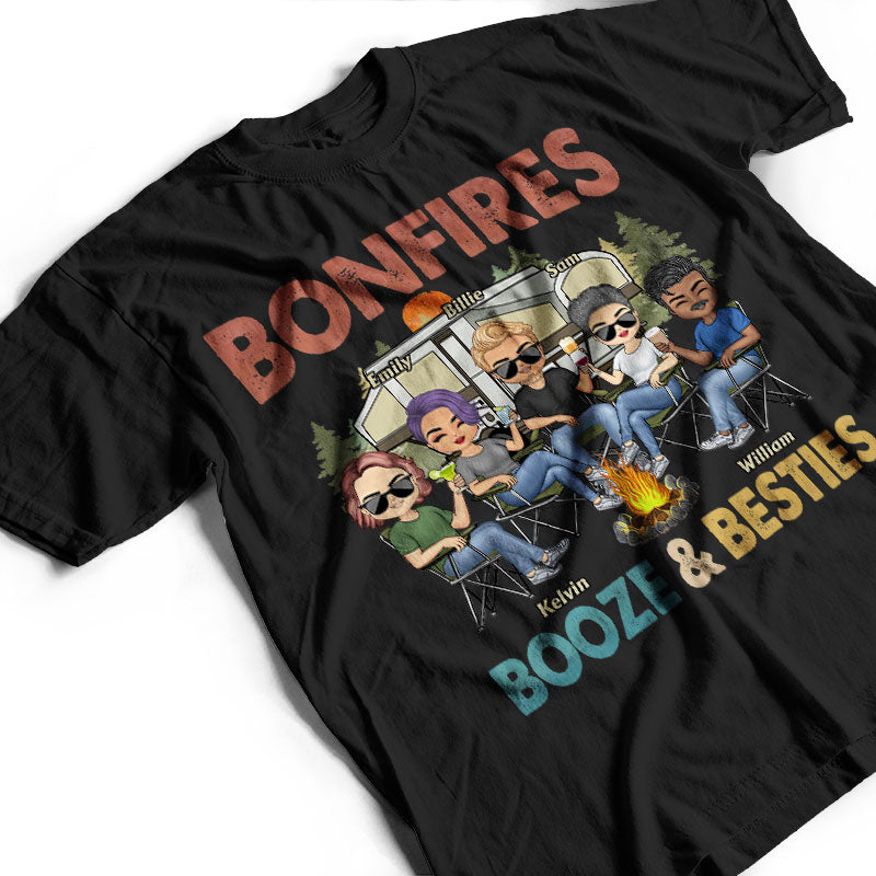 Bonfires Booze And Besties Retro - Gift For Camping Friends - Personalized Custom T Shirt